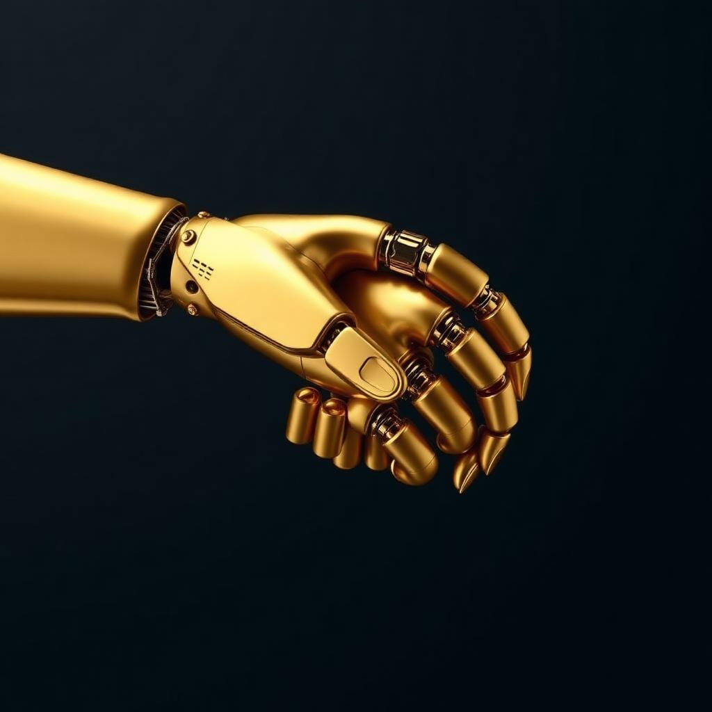 Main dorée robotique symbolisant le workflow hybride humain-IA en SEO — ChatGPT, Claude, Gemini, rédaction E-E-A-T, agence SEO expertseoparis speedizycom, consultant SEO Paris, AI Overviews, Helpful Content, cocon sémantique, longue traîne, backlinks, netlinking, trafic organique Google, ranking SERP
