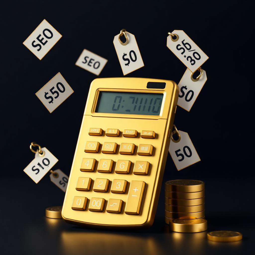 Calculatrice dorée et étiquettes de prix SEO — tarif consultant SEO freelance, prix agence SEO Paris expertseoparis speedizycom, coût audit SEO technique, prix backlinks DR60, tarif cocon sémantique, budget netlinking, ROI référencement naturel, devis SEO 2026, ranking Google