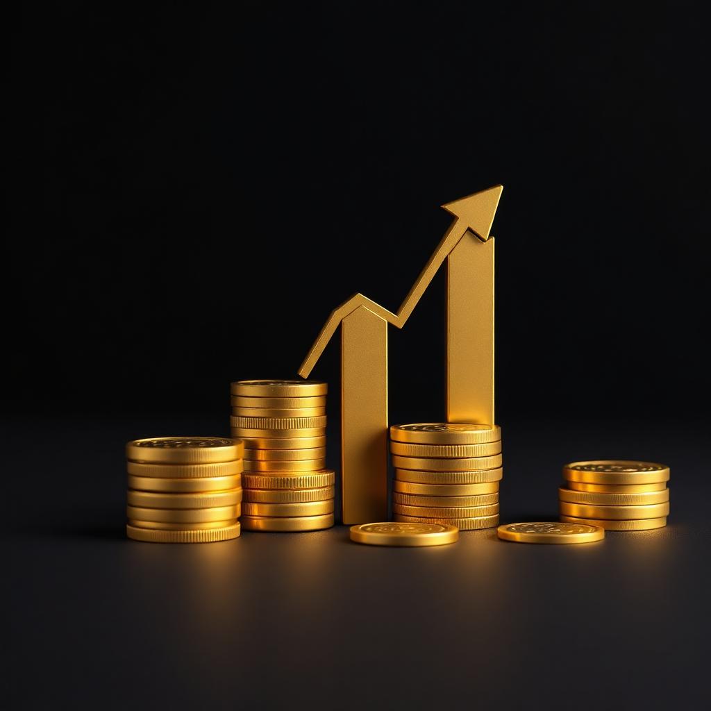 Pièces d'or empilées à côté d'une flèche de croissance dorée
