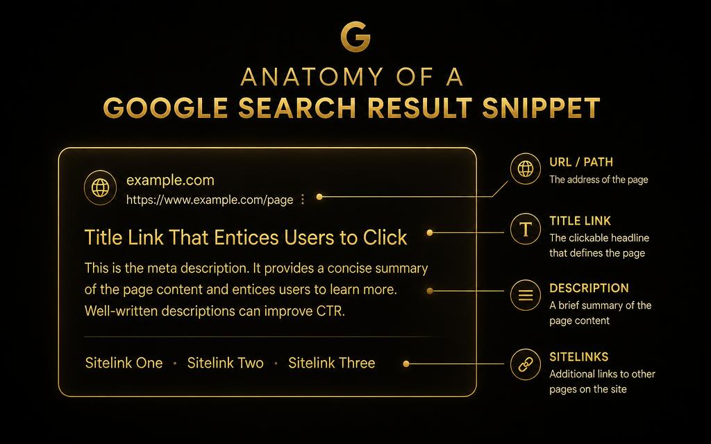 Anatomie snippet Google résultat recherche titre lien URL meta description sitelinks favicon extrait enrichi CTR SEO on-page optimisation balises expertseoparis speedizycom agence référencement Paris